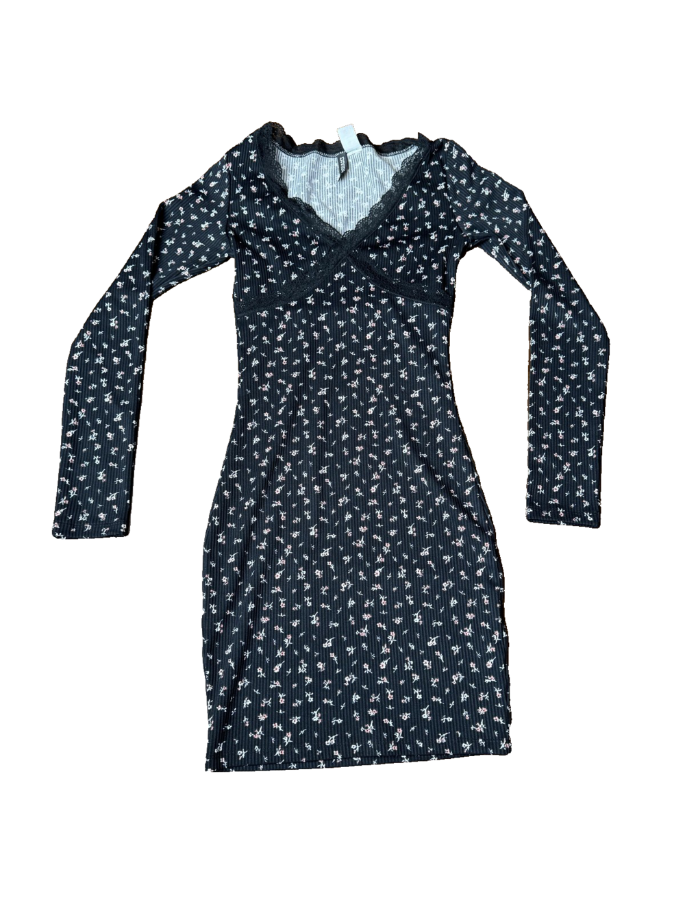 H&M Divided Bodycon Dress Womens 2XS Black Floral Long Sleeve Lace Trim Short